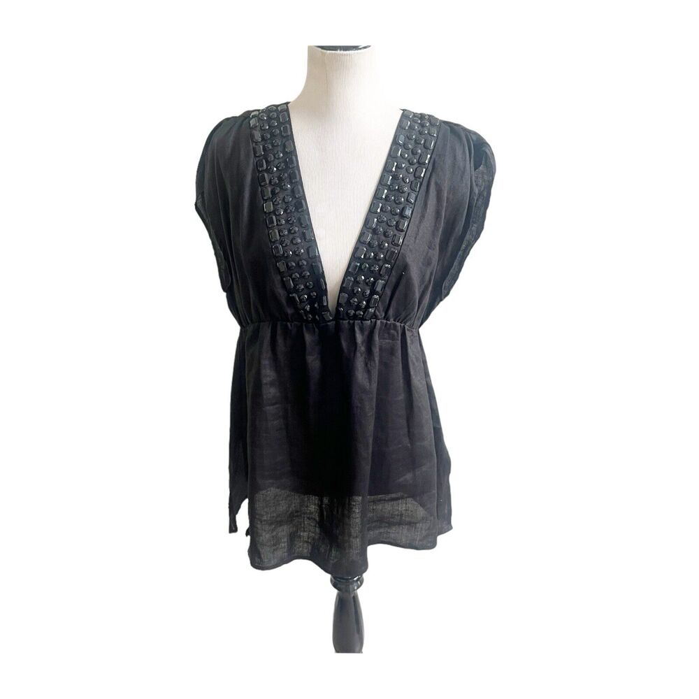 Carol Little 100% Linen Tunic Black Beaded Deep V Neckline XL Party Cocktail